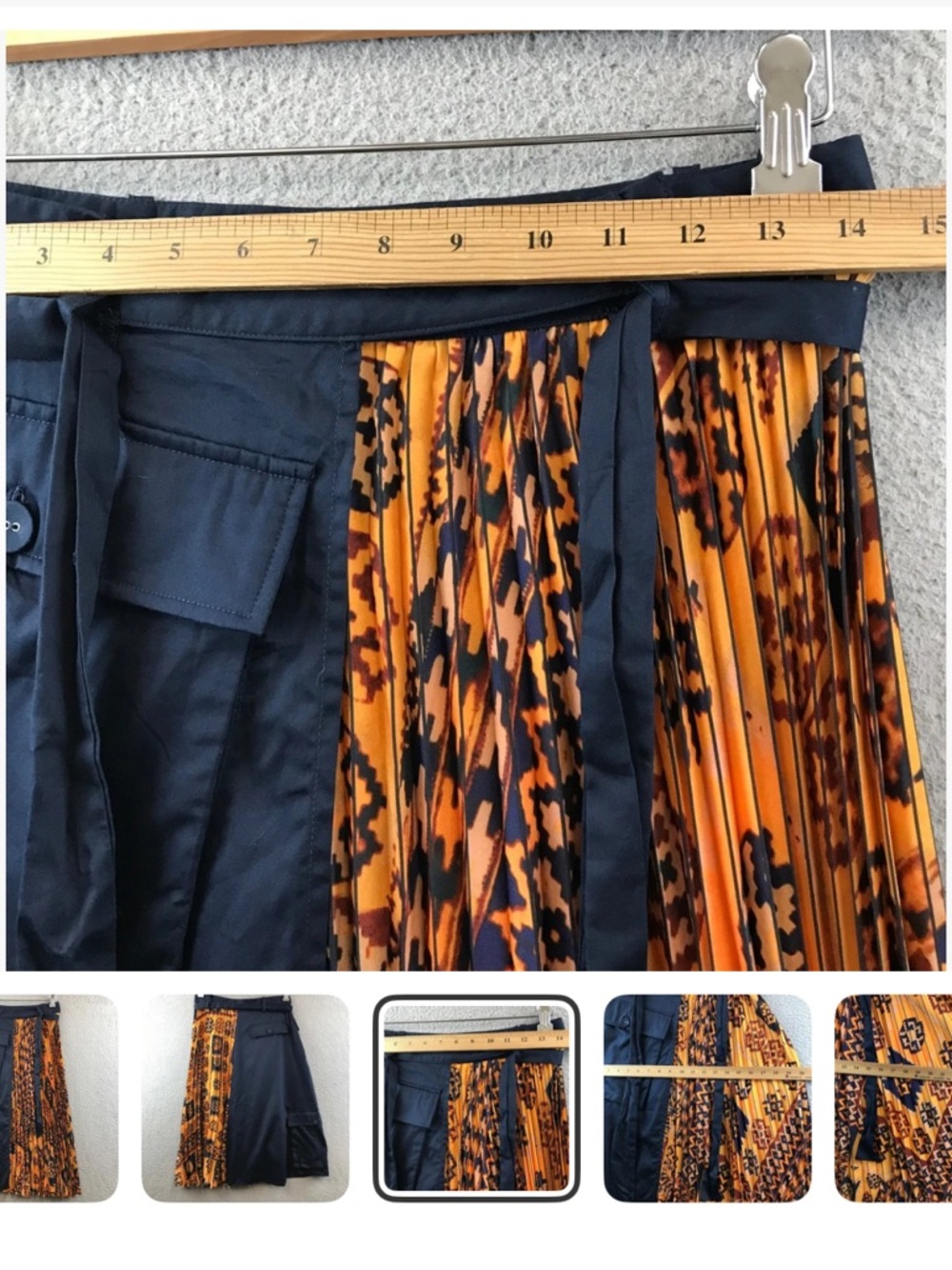 NWT, Eva Franco Orange and Navy Pleated Midi Skirt with Cargo Pockets - Picture 2 of 3
